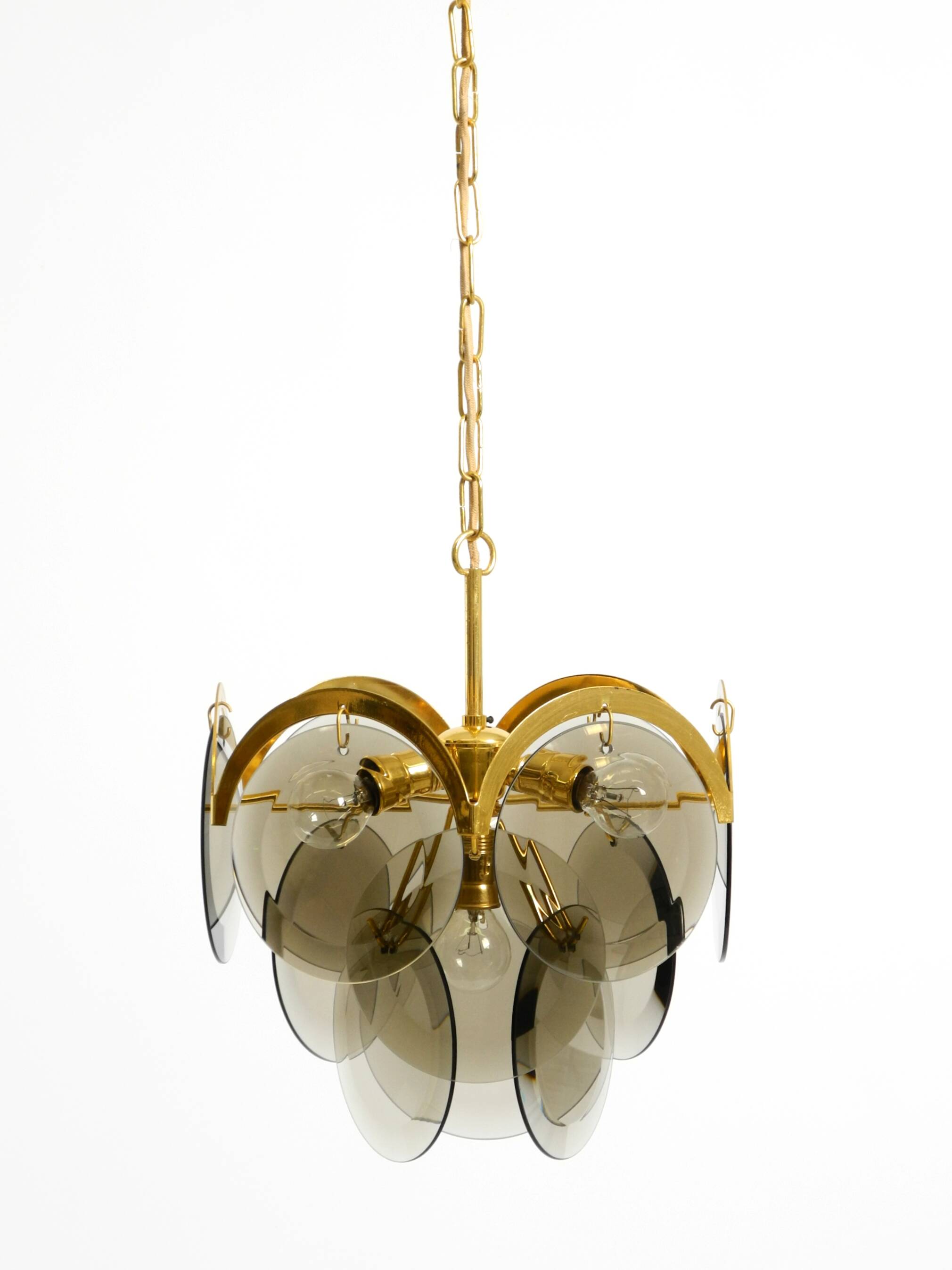 60s large brass ceiling chandelier with large round glass plates