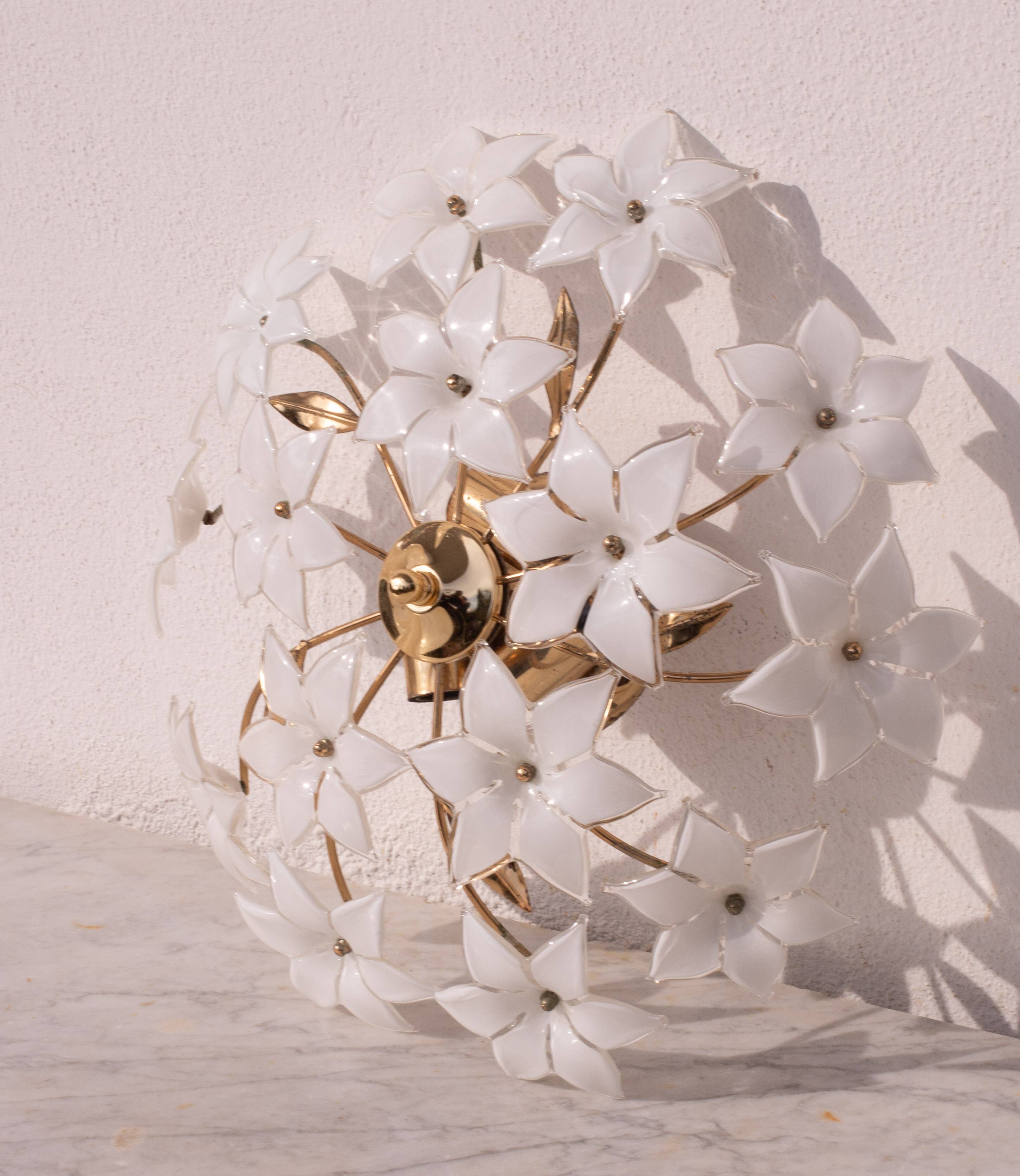 Charming Vintage Murano Ceiling Light White Flowers, 1960s