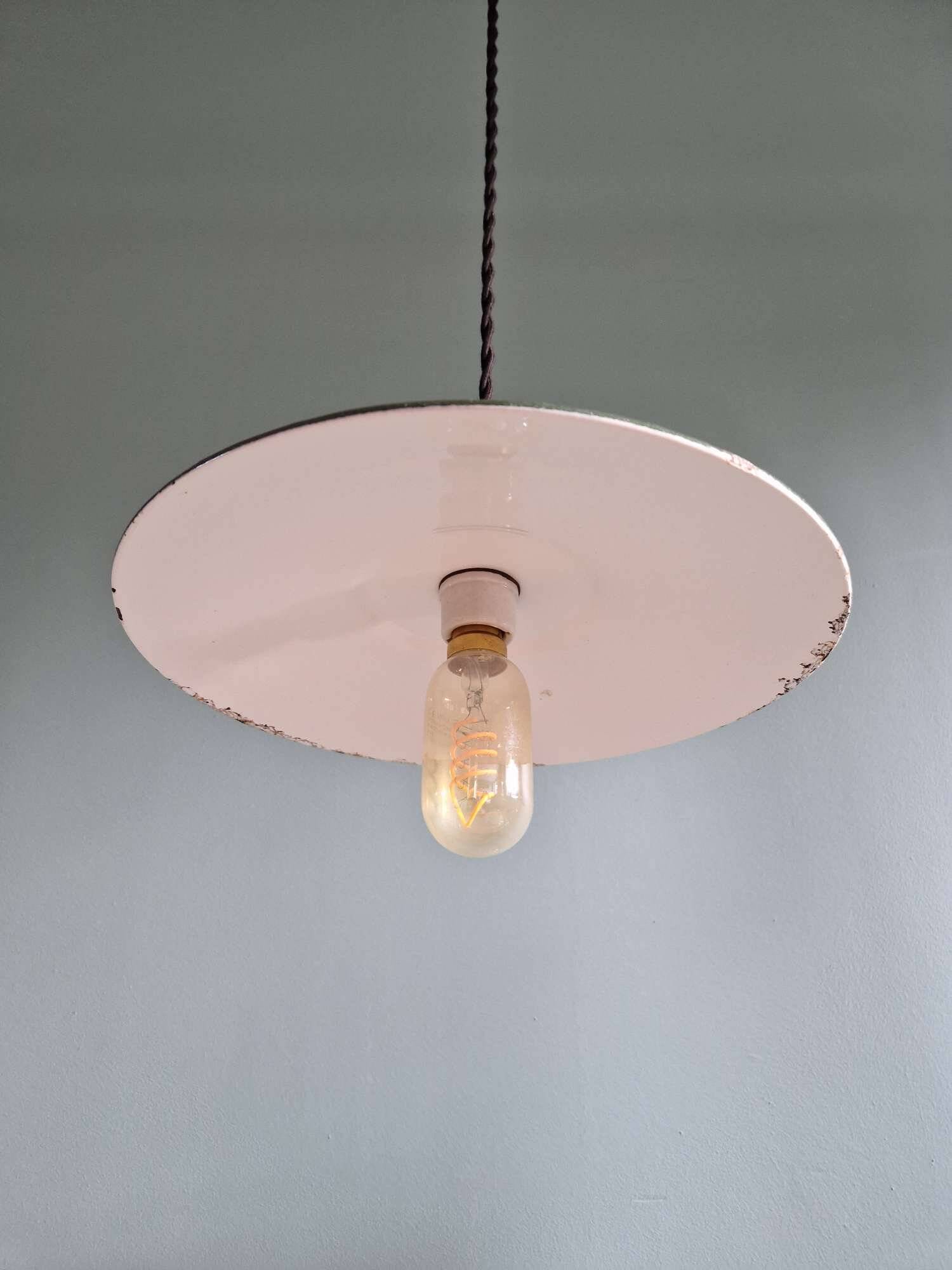 Trio of large industrial suspensions in green enamelled sheet metal.