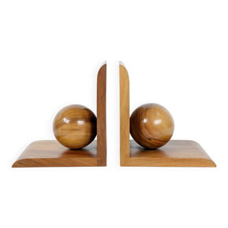 Paire de serre-livres en chêne avec boules, design midcentury Bauhaus