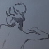 Signed watercolor painting on Denim paper portrait of a woman from behind "bath"