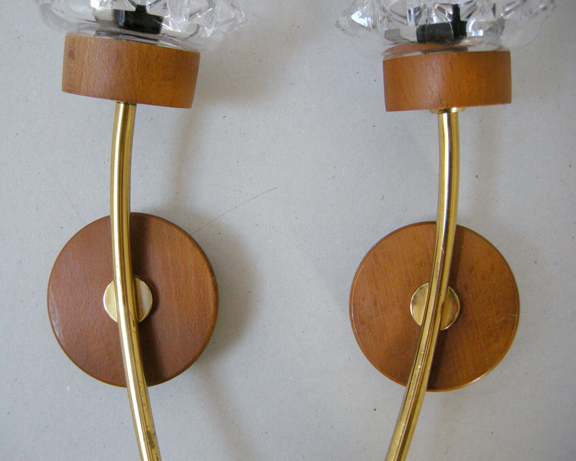 Pair of vintage wall lamps 1960 brass wood & glass