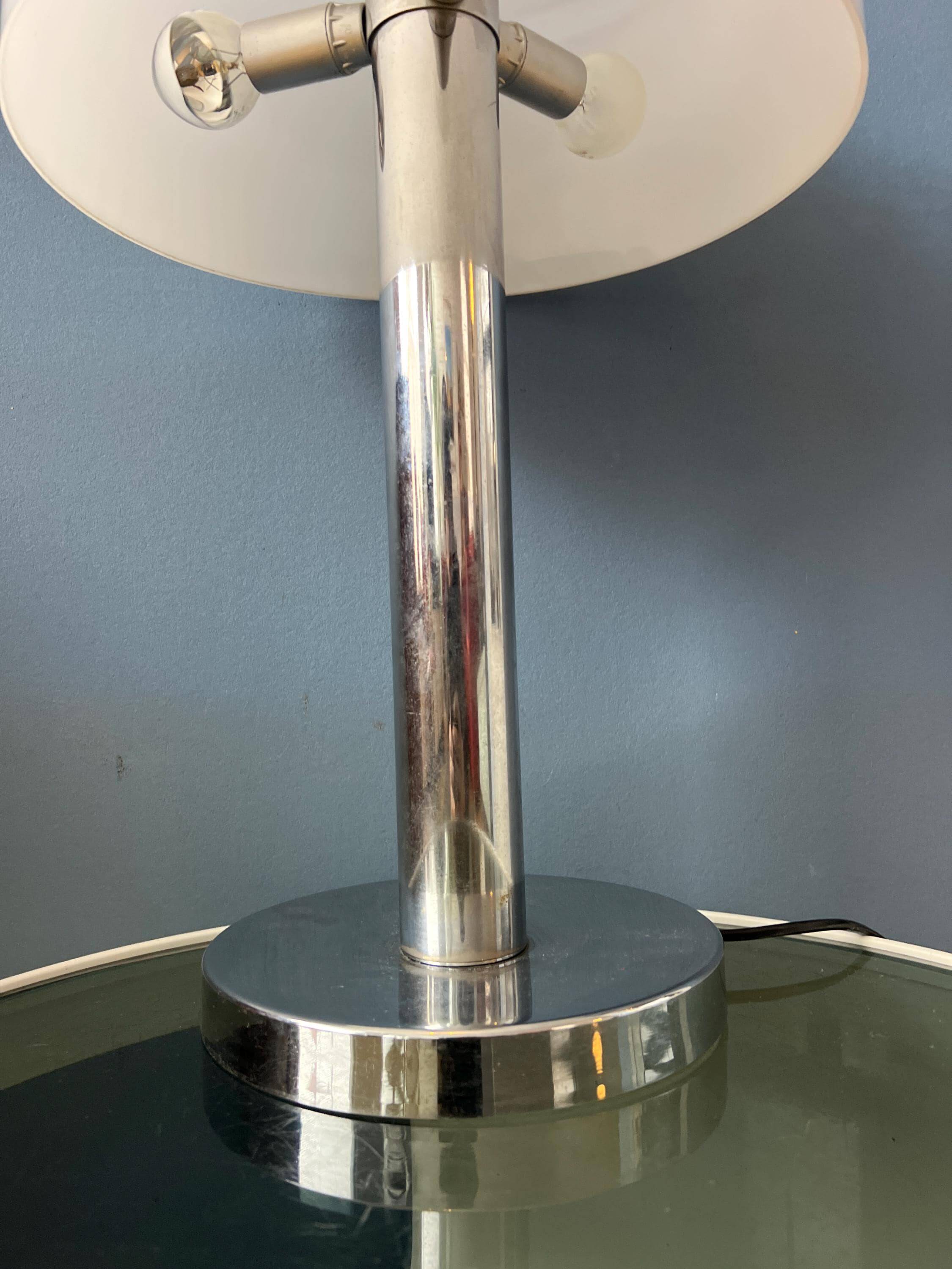 Space Age table lamp in chrome with white plexiglass mushroom shade.