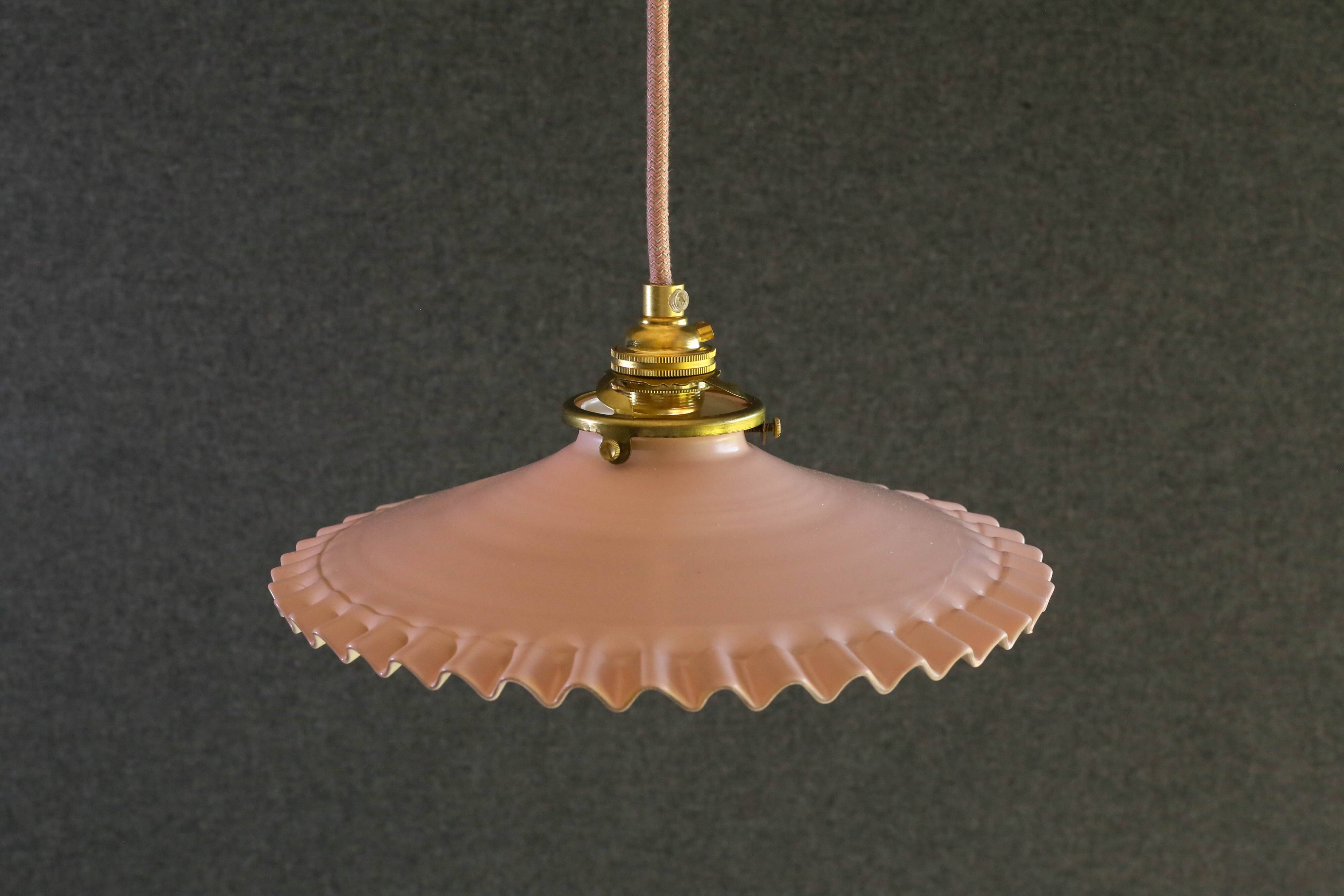 Opaline pendant light in pink and white painted glass, delivered with new cable and socket