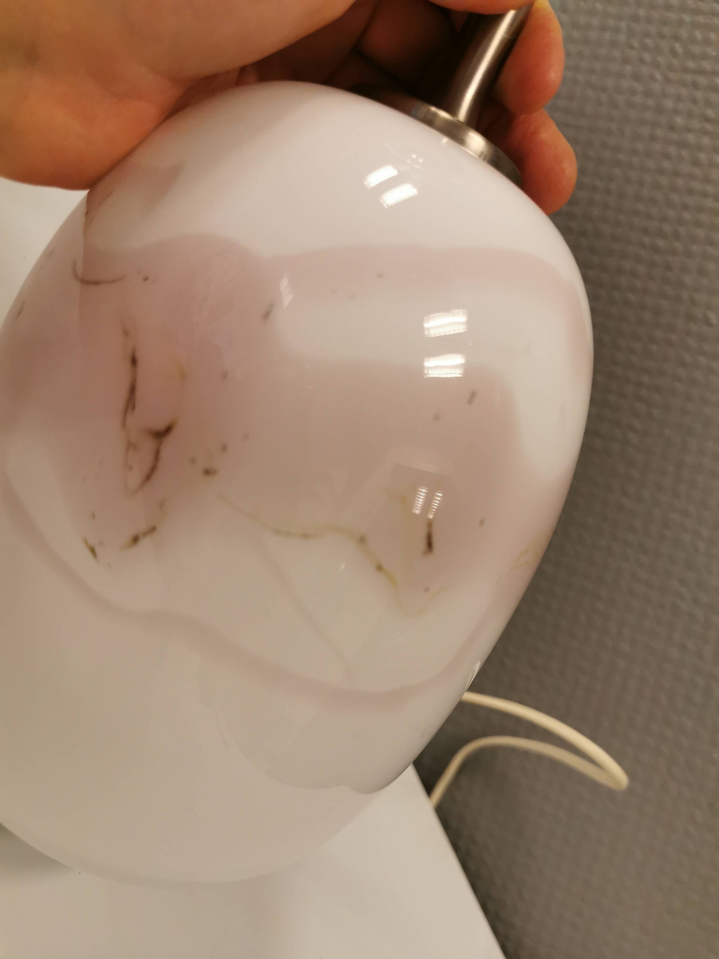 Table lamp in white and rose coloured glass designed by Michael Bang and manufactured by Holmegaard.