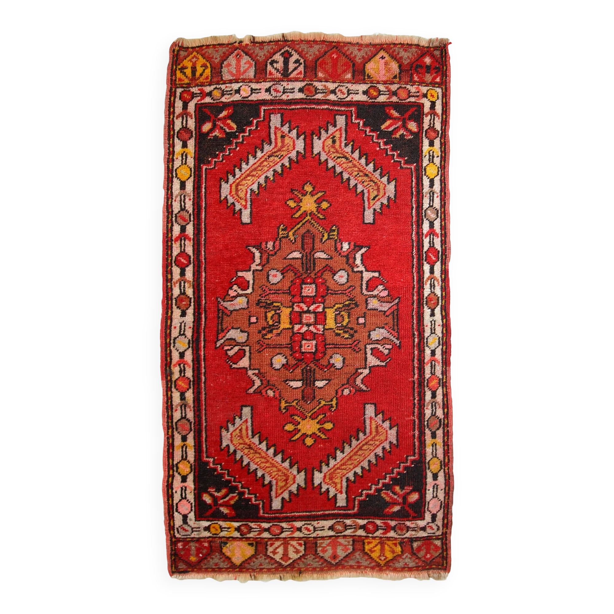 Tapis vintage fait main Yastik en laine rouge vif (50cm x 96cm)