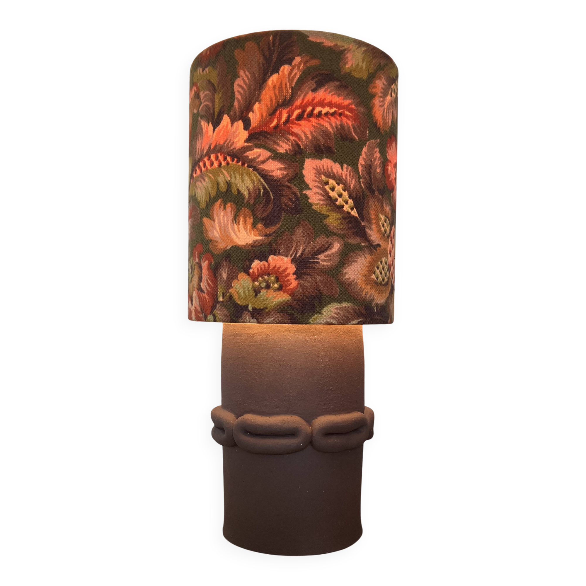 Table lamp in handcrafted ceramic, Mid Century style with floral shade.