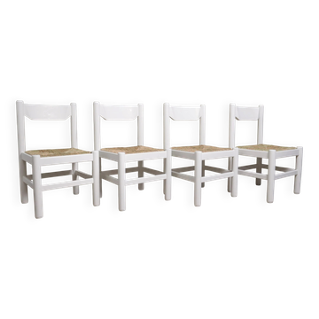 Set of 4 white rush dining chairs – Magistretti / Perriand style, 1970s