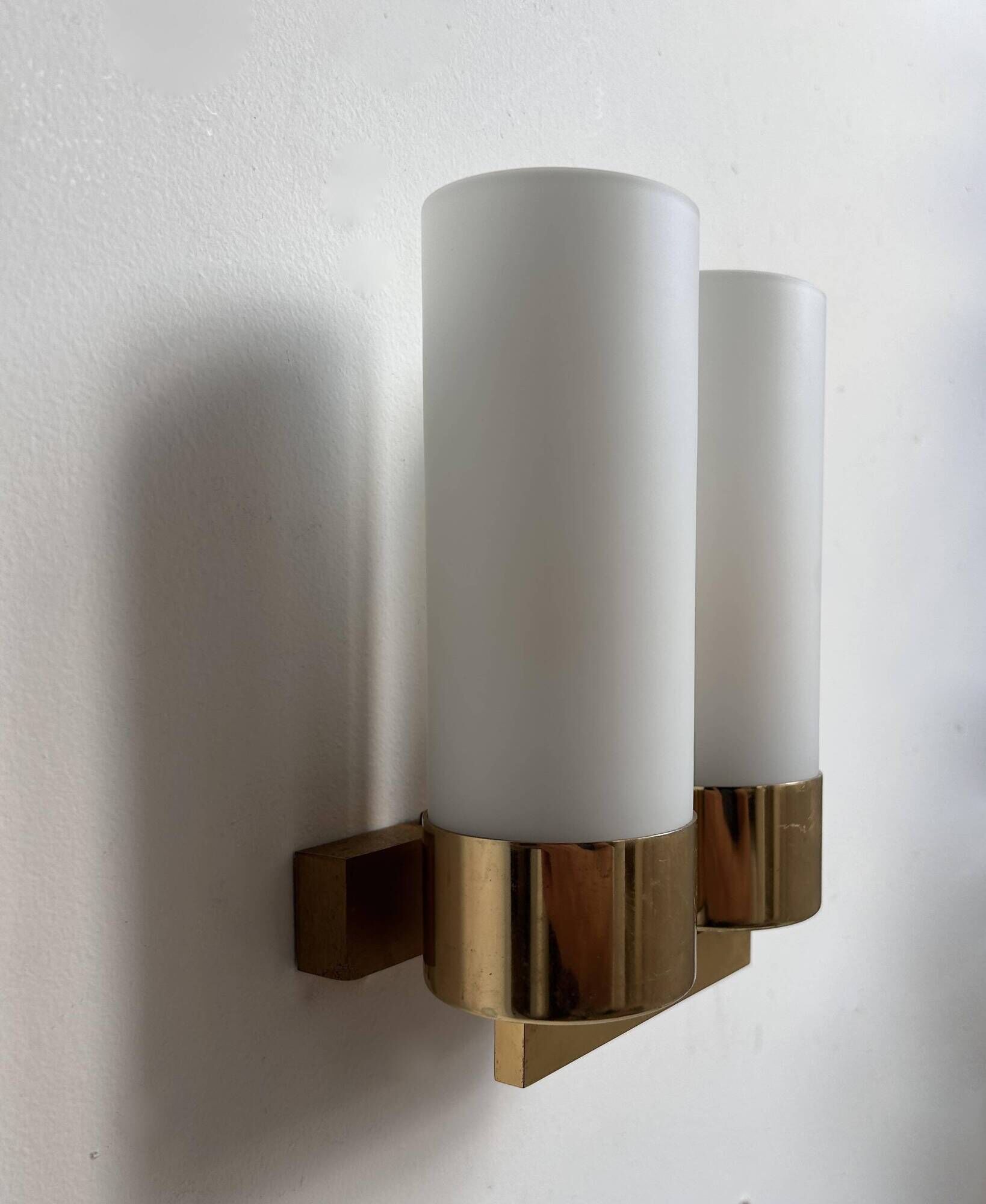 Vintage double wall lamp, brass and opaline, Leuchten Neuhaus Germany 1960