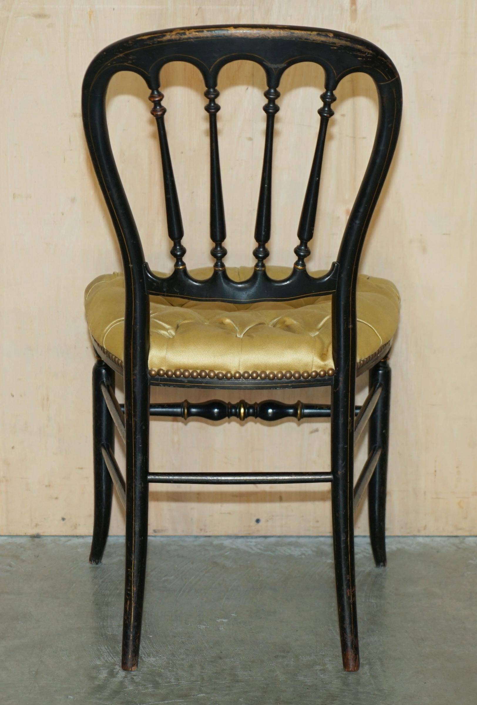 Regency Antique 1815 Occasional Chair in Ebonised Wood, Mother of Pearl, Silk and Chesterfield Upholstered Seat