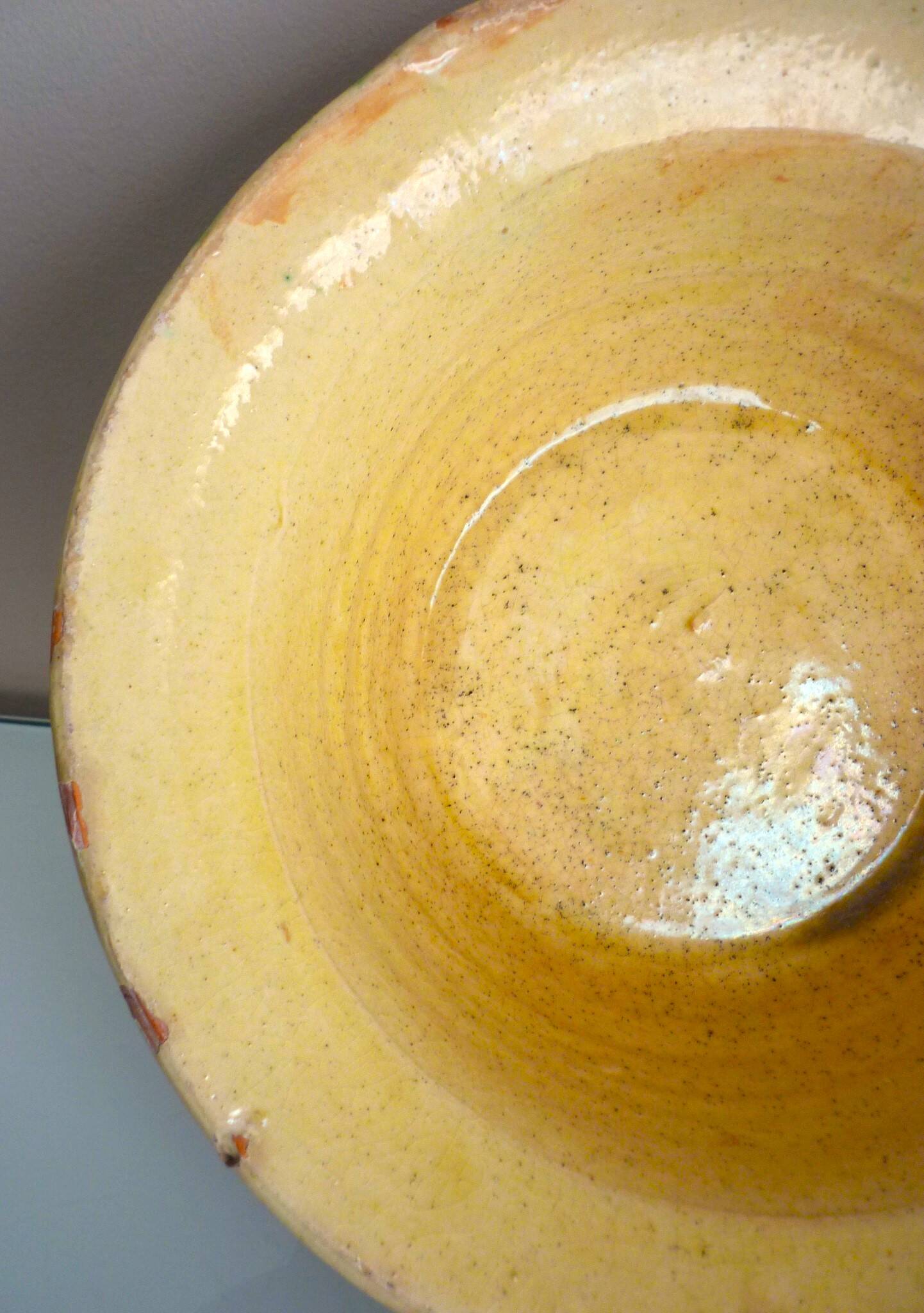 Frying pan, old caquelon, yellow glazed earthenware from the south of France.