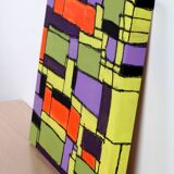 Modern abstract green, yellow, purple and orange mixed media painting