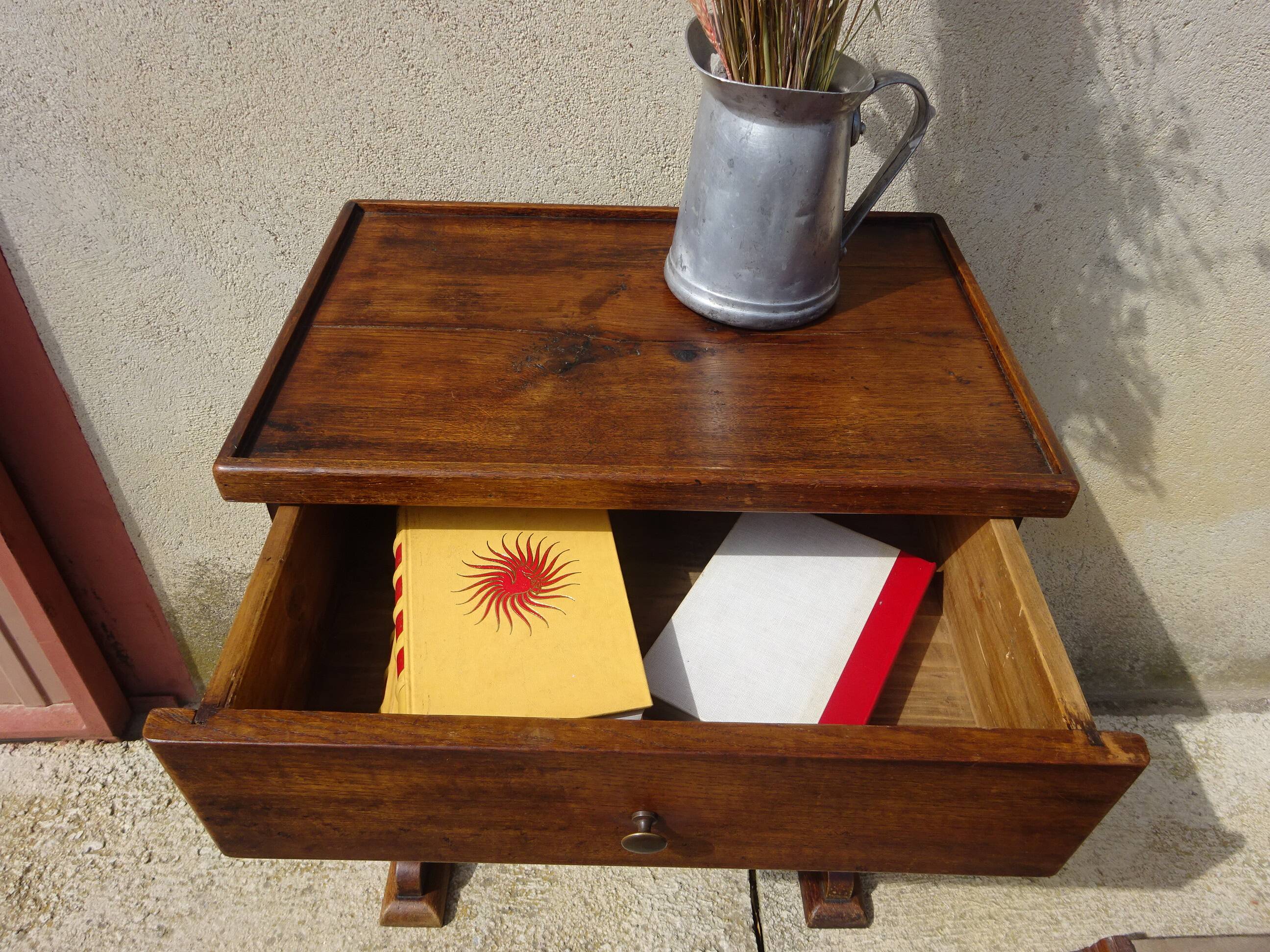 Bolster or end table with drawer, patina