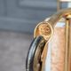 Rolling bar trolley in gold metal and black opaline two trays 1960
