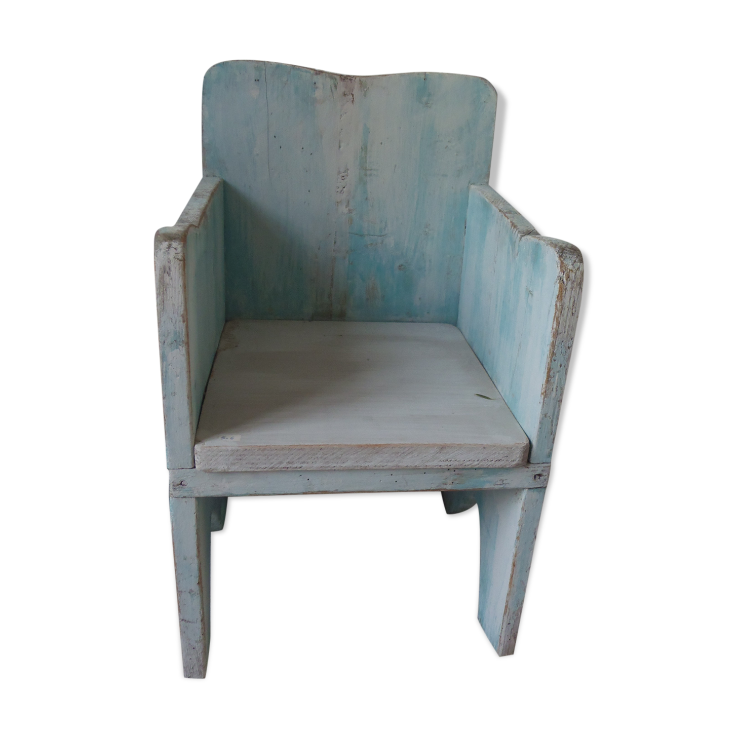 Vintage children's armchair in wood in its blue pearl grey juice, waxed finish