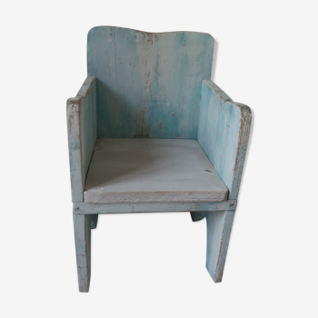 Vintage children's armchair in wood in its blue pearl grey juice, waxed finish