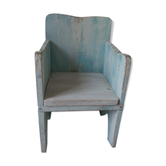 Vintage children's armchair in wood in its blue pearl grey juice, waxed finish