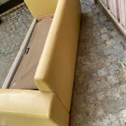 Art Deco 3-seater convertible sofa in genuine beige leather and red fabric from the 1980s.