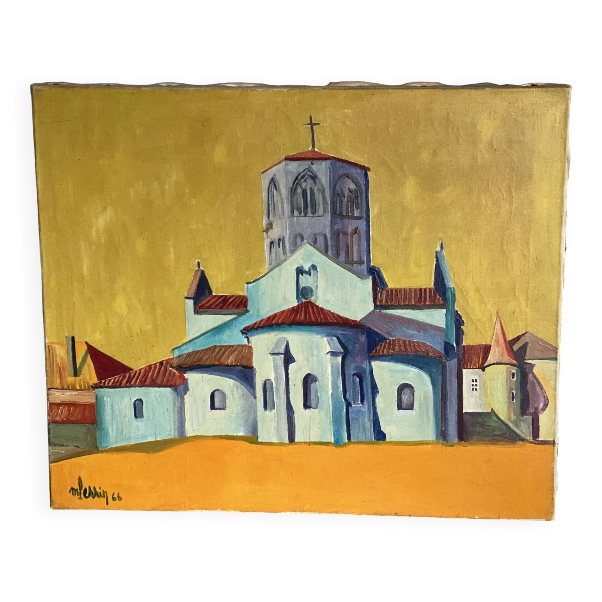 Painting by Michel Perrin, Provence church on yellow background, 1966