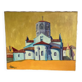Tableau de Michel Perrin "Eglise de provence sur fond jaune" 1966