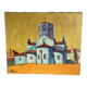Painting by Michel Perrin, Provence church on yellow background, 1966