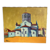 Tableau de Michel Perrin "Eglise de provence sur fond jaune" 1966