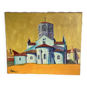 Painting by Michel Perrin, Provence church on yellow background, 1966