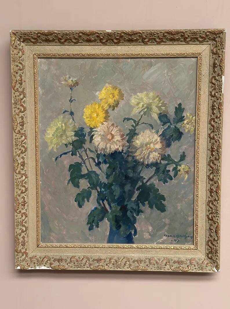 Original Swedish Oil on Panel – “Chrysanthemums” by Max Hellberg – Signed – Vintage & Framed – 68 × 58 cm (26.8" × 22.8")