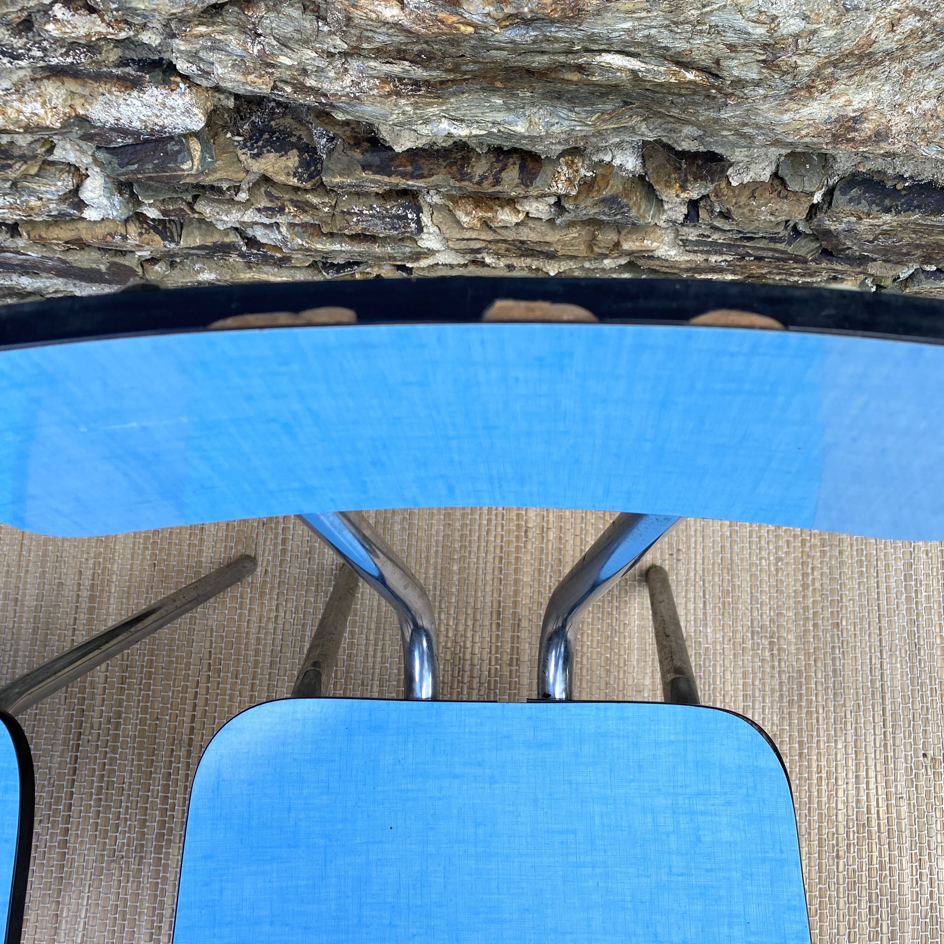 Extendable blue formica table and 2 chairs, 1960s