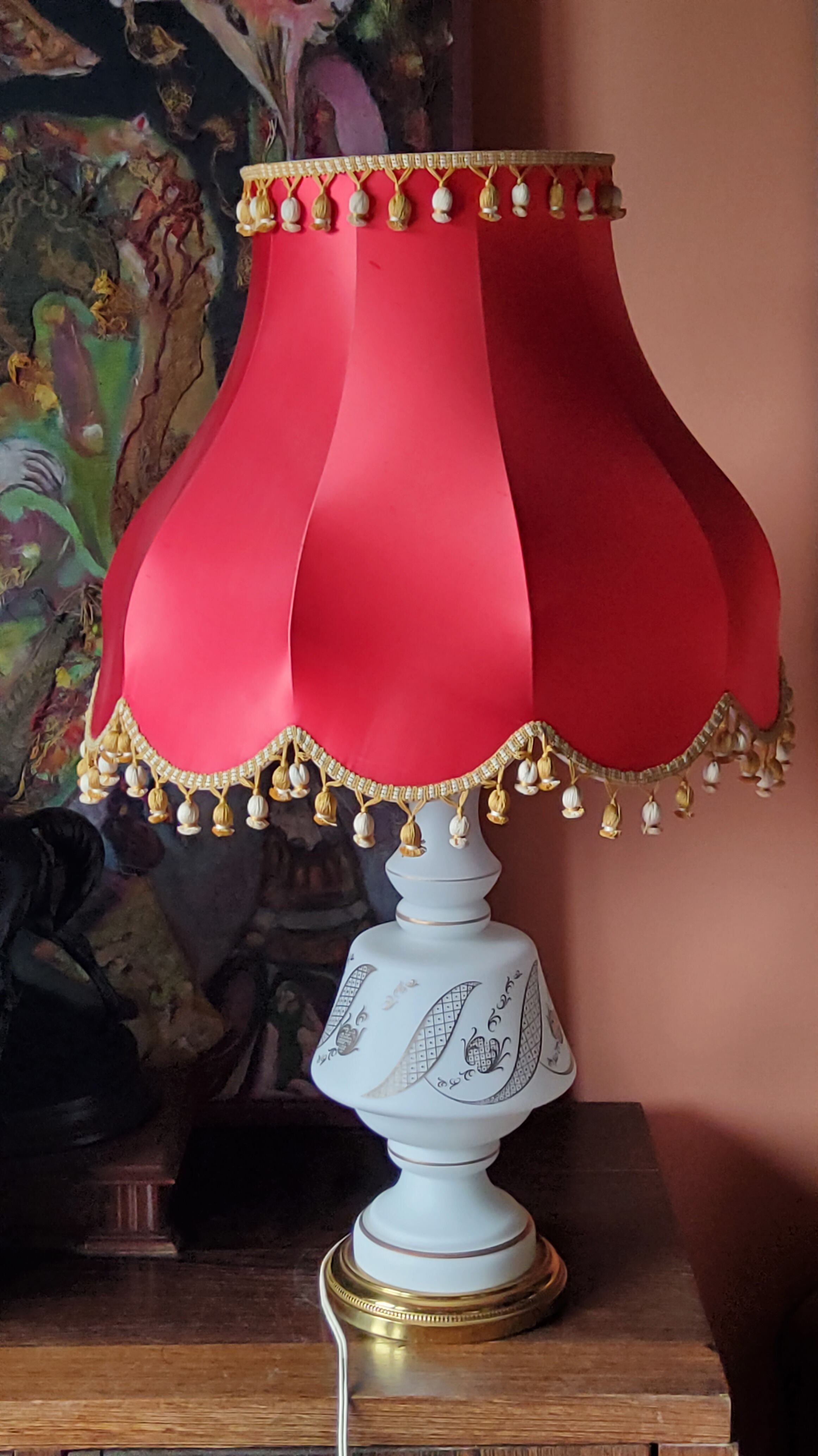 Vintage lamp of the 50s in white and golden opaline glass lampshade in red satin 75cm