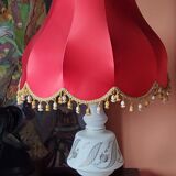 Vintage lamp of the 50s in white and golden opaline glass lampshade in red satin 75cm