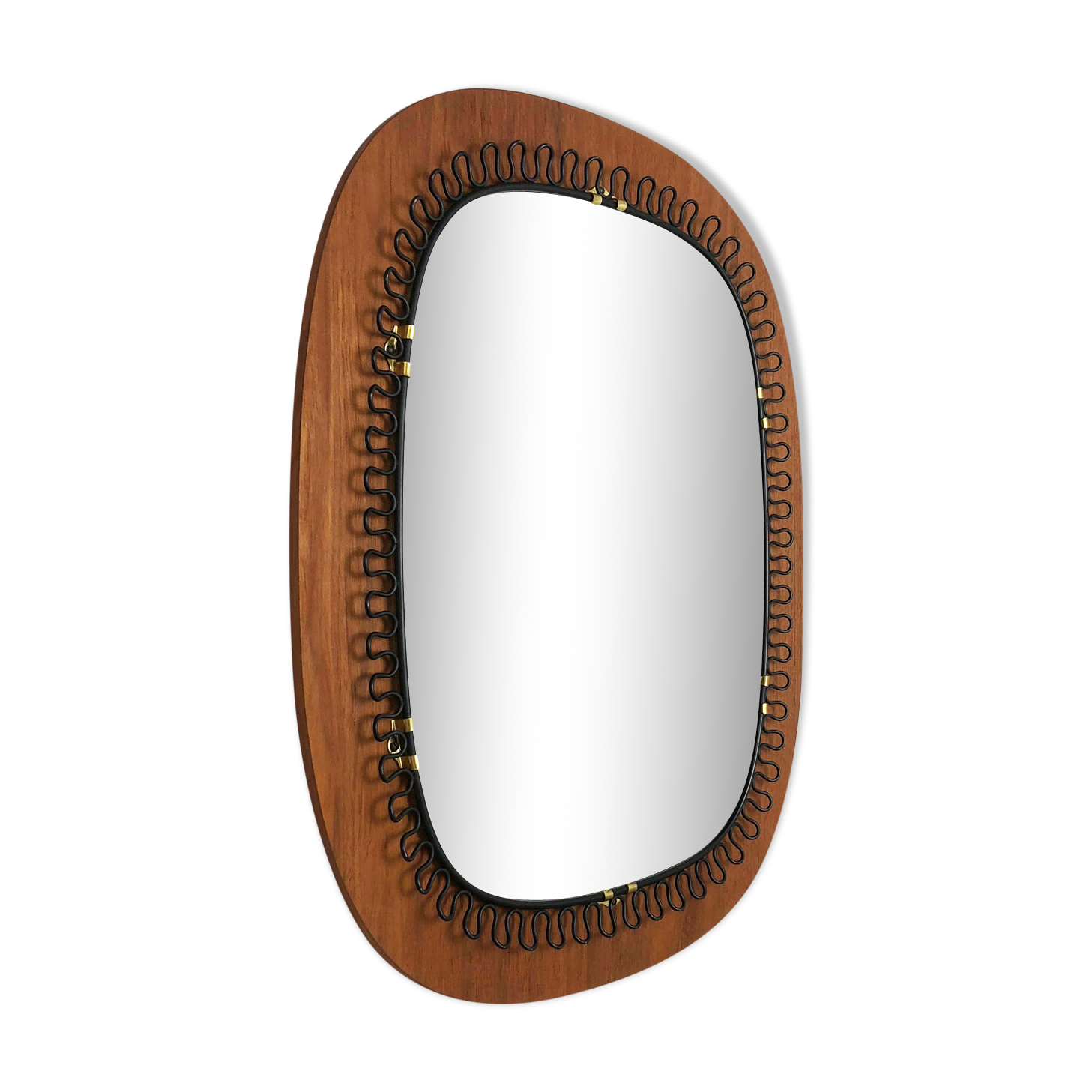 1960 s Scandinavian metal + teak mirror 54cm designed by Josef Frank for Svenskt Tenn, made in Sweden. midcentury modern. Danish modern