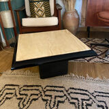 Coffee table in lacquered wood and vintage travertine
