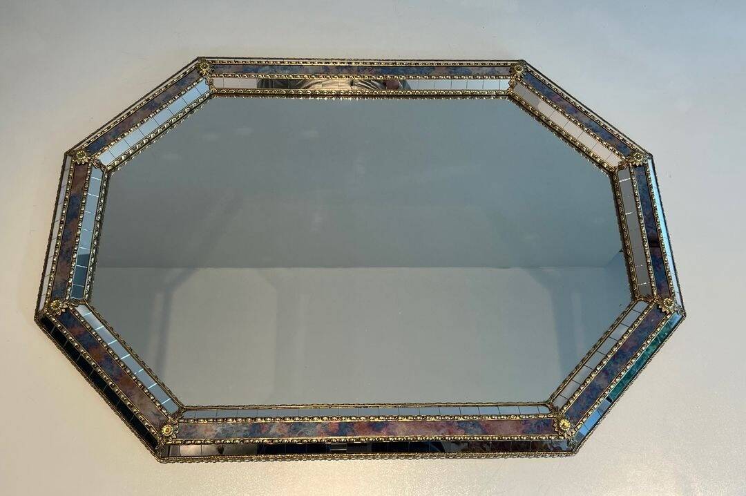 Octagonal Faceted Mirror with Brass Garlands — French Work, Glass