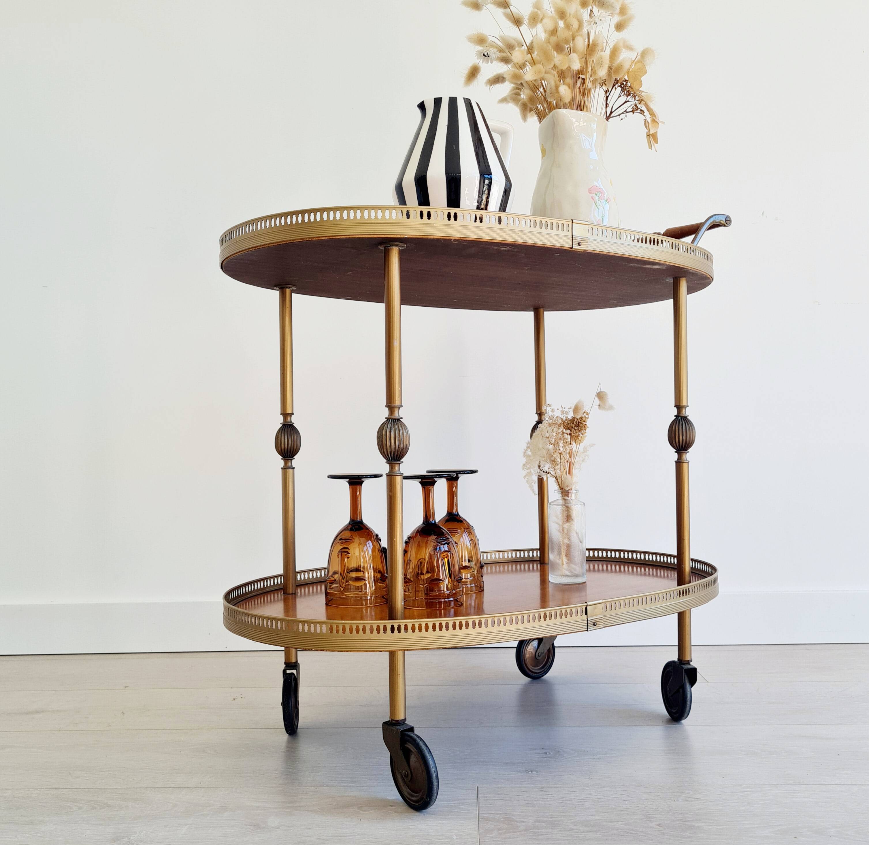 Antique brass rolling oval tray trolley