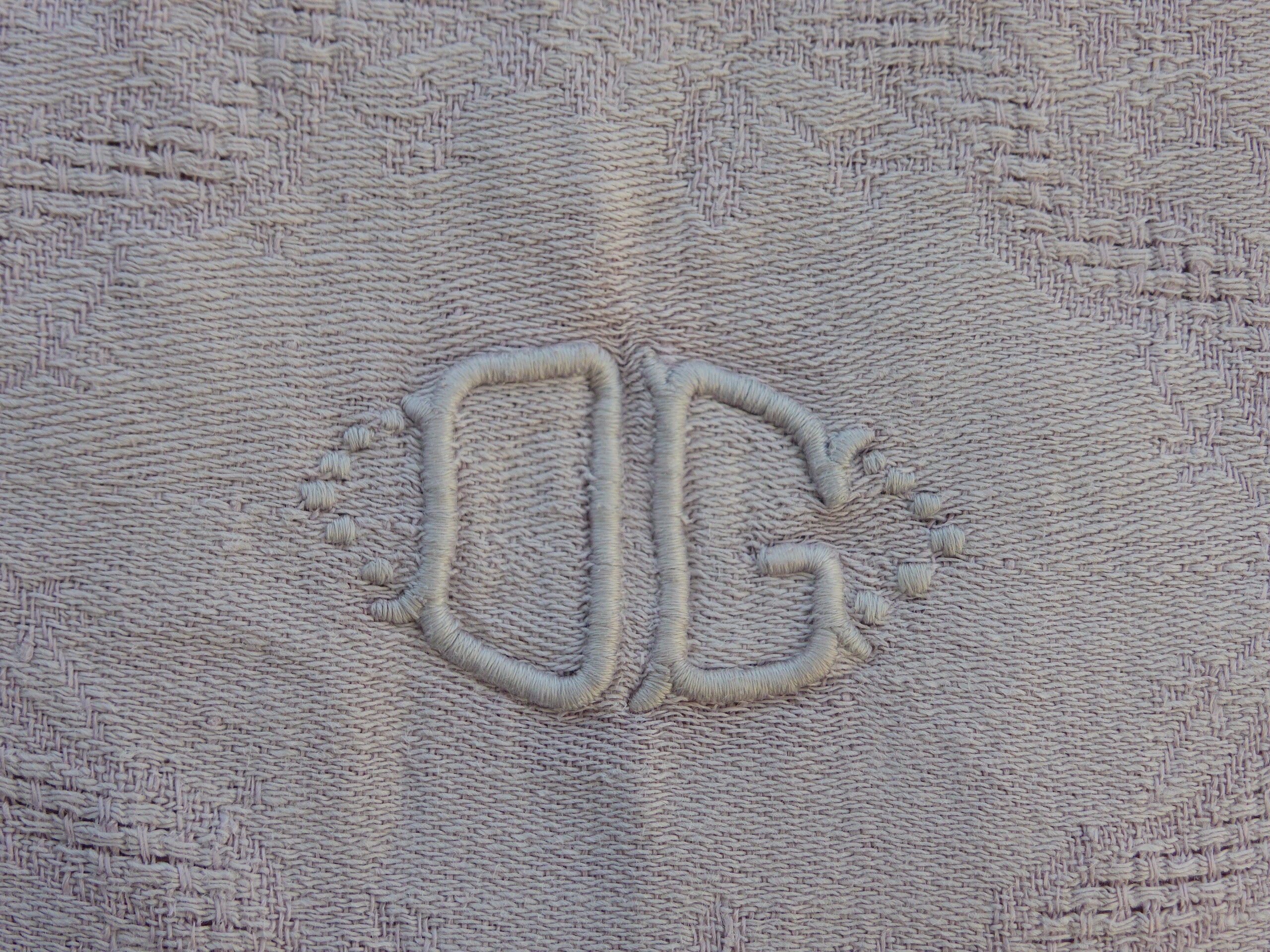6 rectangular towels, damask cotton, Lilas tint and monogrammed OG, art deco