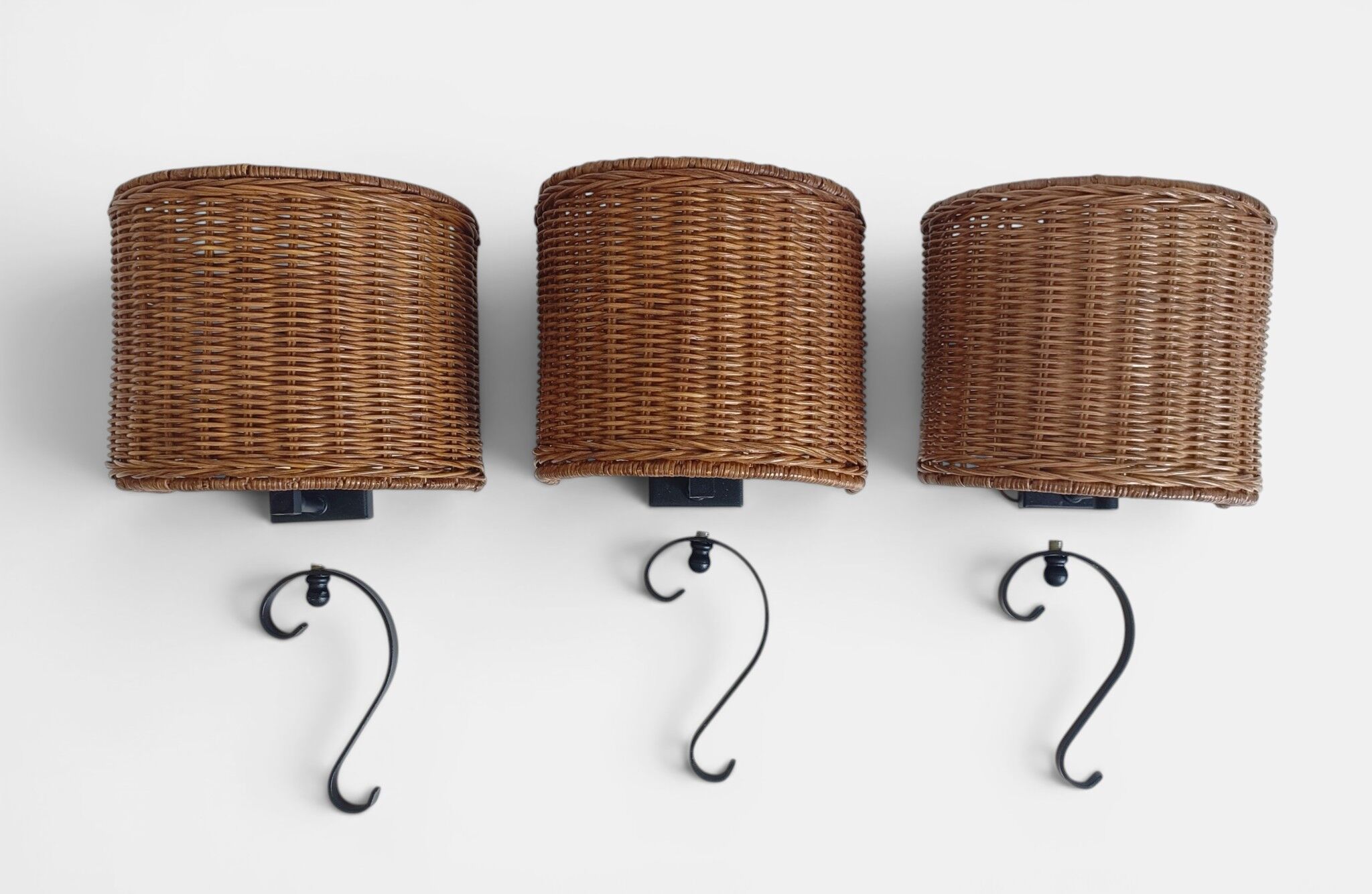 Spanish Mid-Century Wicker And Wrought Iron Wall Sconces, Three Available