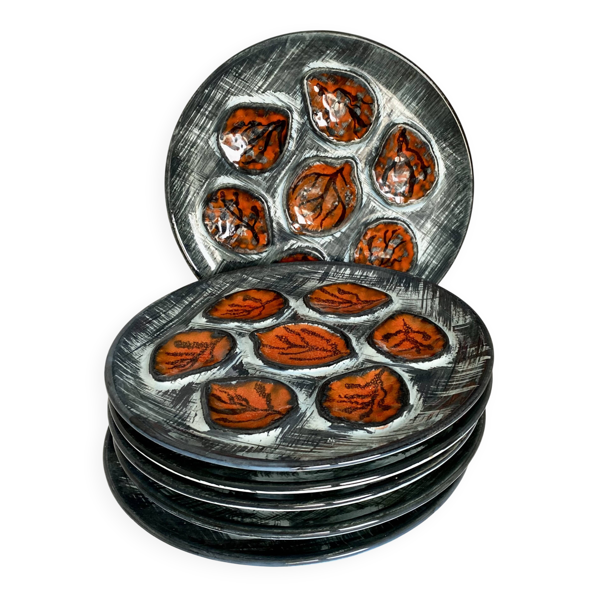Set of 6 vintage oyster plates, earthenware, 1960s