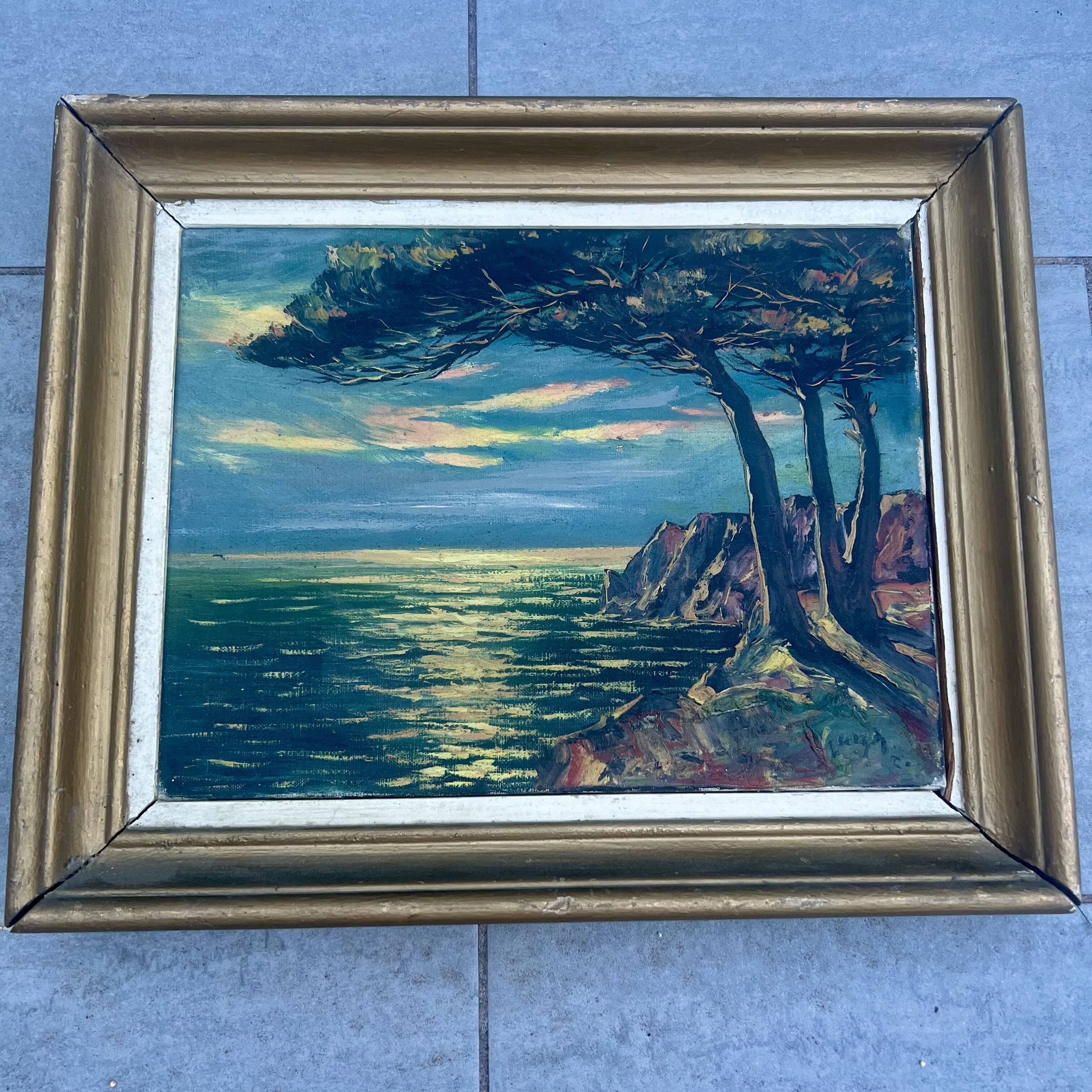 Old Oil Painting / Seaside Marine Panel Signed