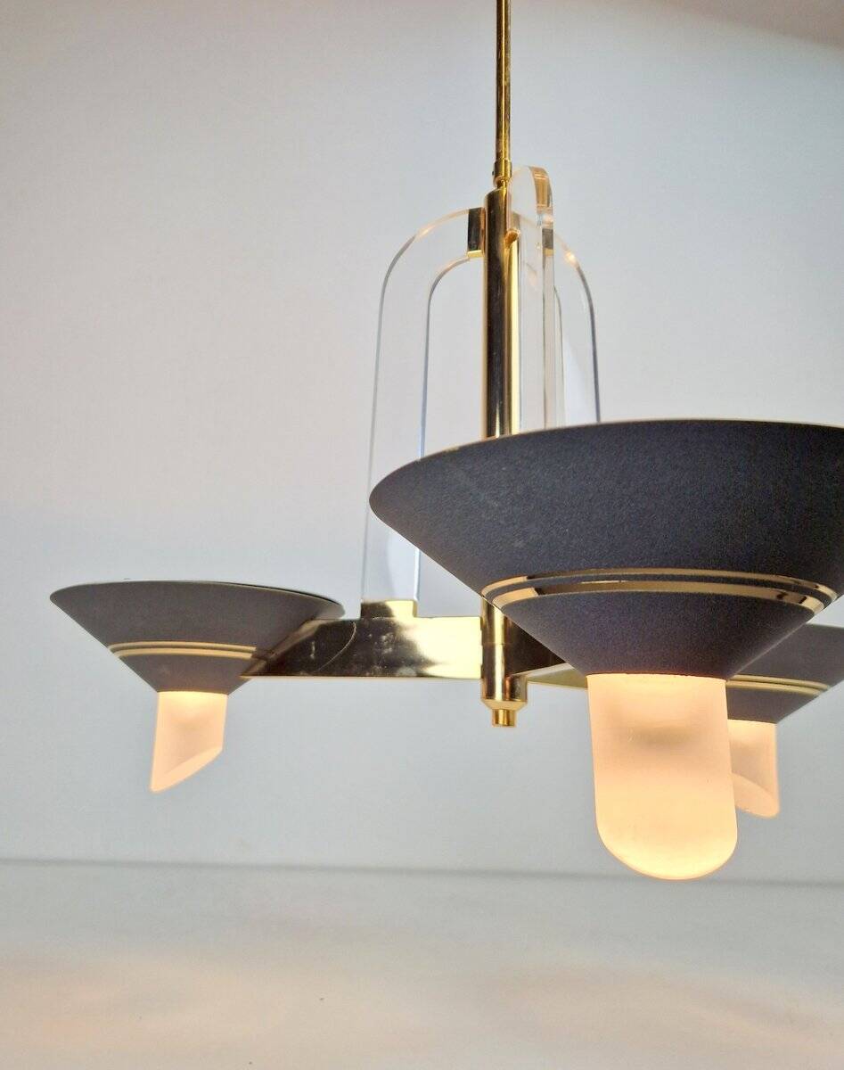 Vintage French Brass Acrylic Chandelier, 1970s