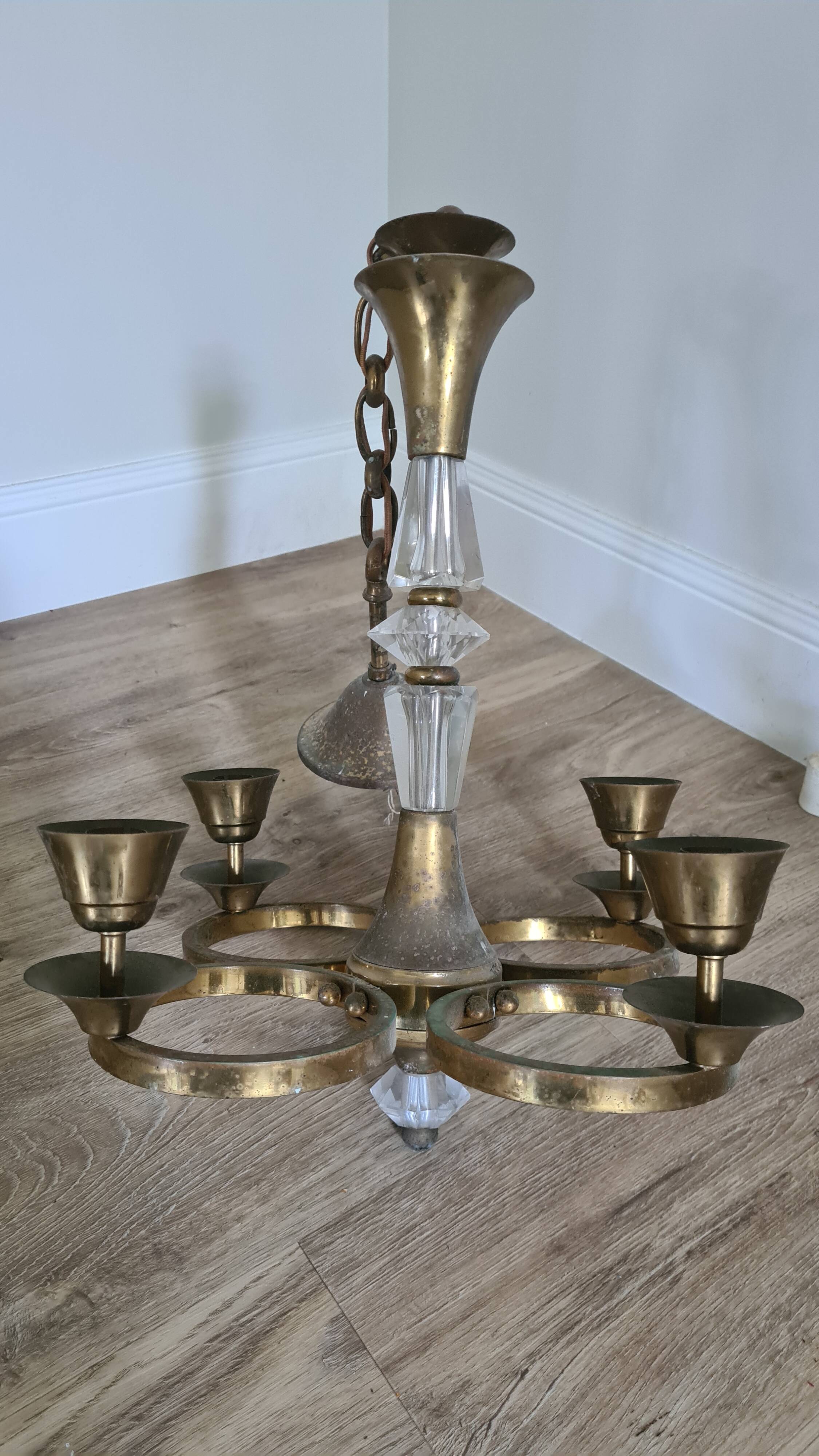 Old brass and glass chandelier / 60s