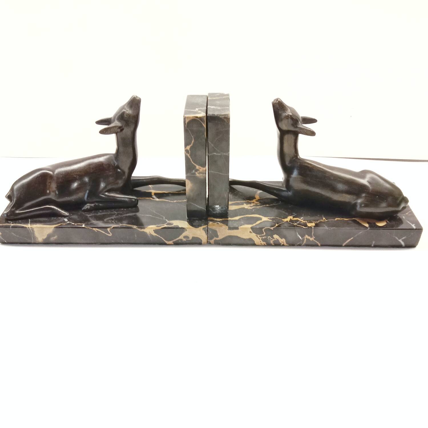 Art Deco Bookends of Doe Lying on Portor Marble