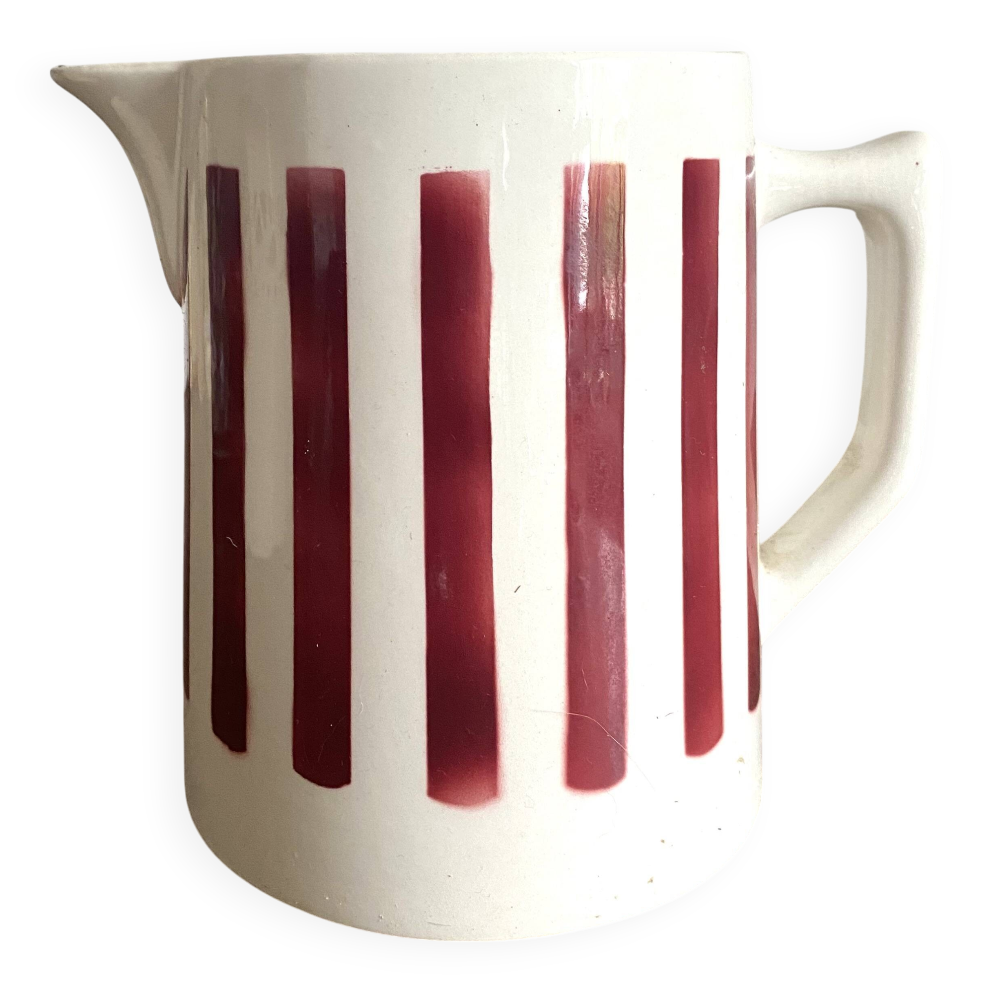 Antique earthenware pitcher with burgundy stripes
