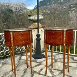 Pair of bedside tables in precious wood marquetry in the Louis XV style, 20th century
