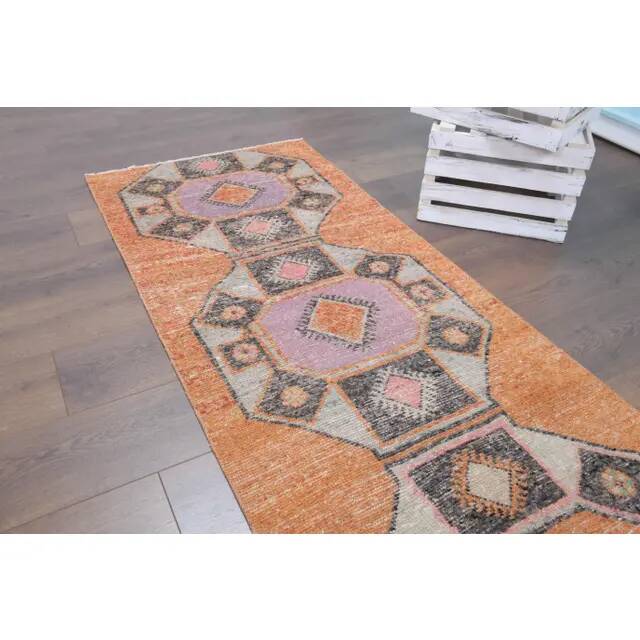 Tapis couloir vintage turc Oushak fait à la main en laine et coton orange 75x330