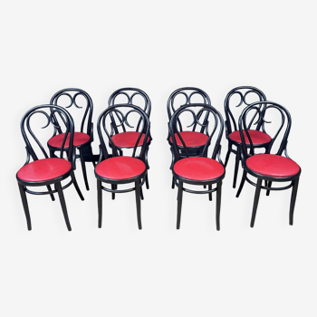 Set of 8 black bentwood and red skai bistro chairs France