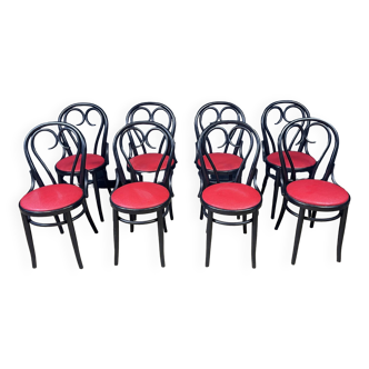 Lot de 8 chaises bistrot bois courbé noir et skaï rouge France