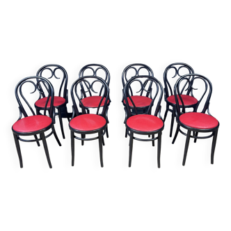 Set of 8 black bentwood and red skai bistro chairs France