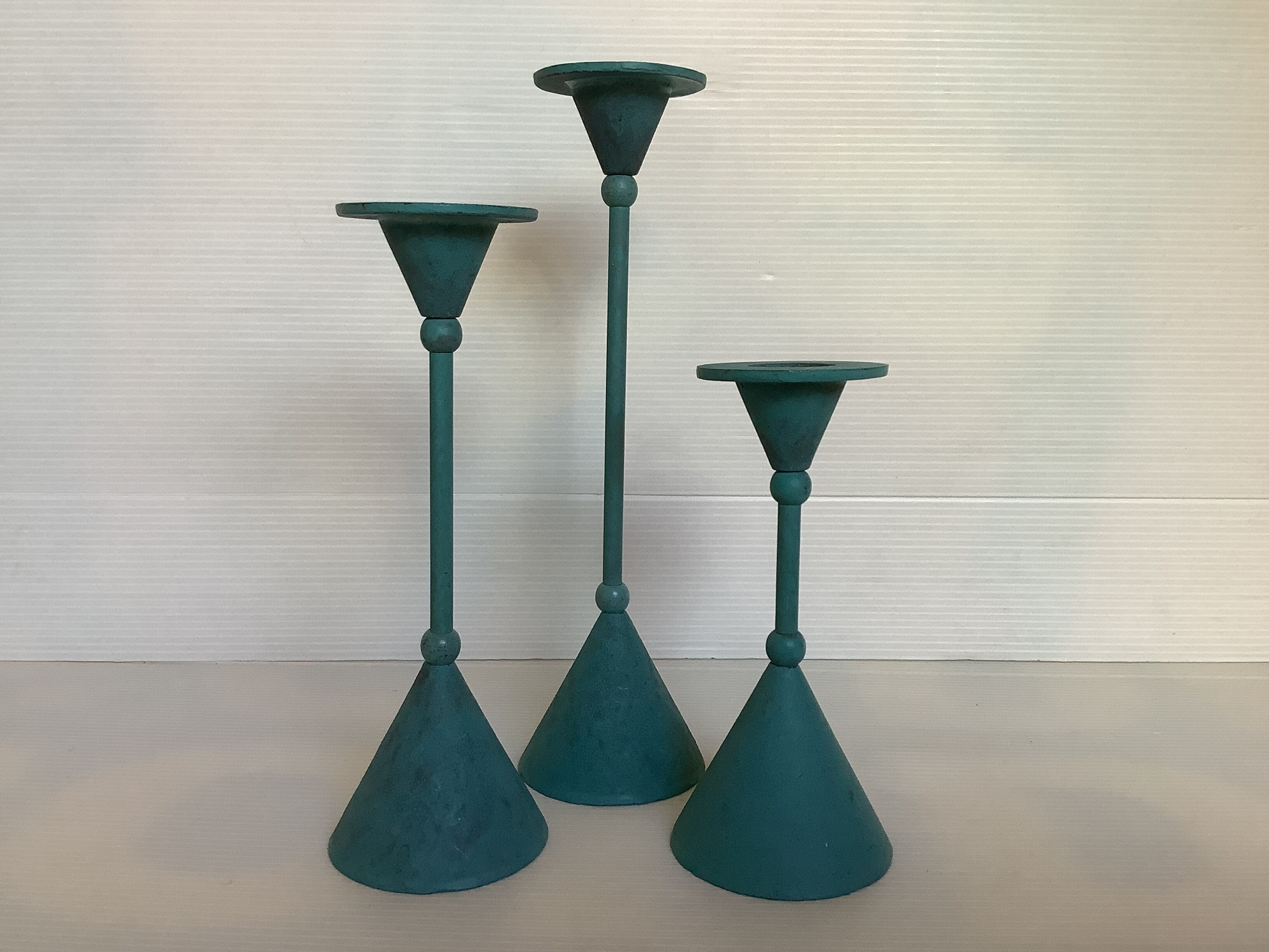 Trio of candlesticks patinated blue green vintage