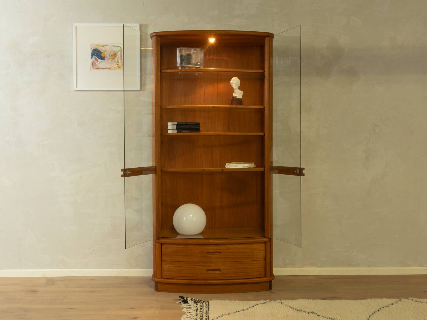 Exclusive display cabinet from the 1980s, solid teak, glass doors, drawers, lighting